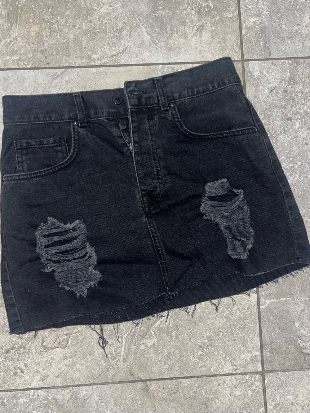 Black Distressed Denim Mini Skirt - Women's